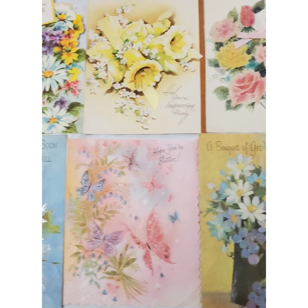 6 Old Vintage Used Get Well‎ Greeting Card Fronts Crafts Flowers Clock Bluebird